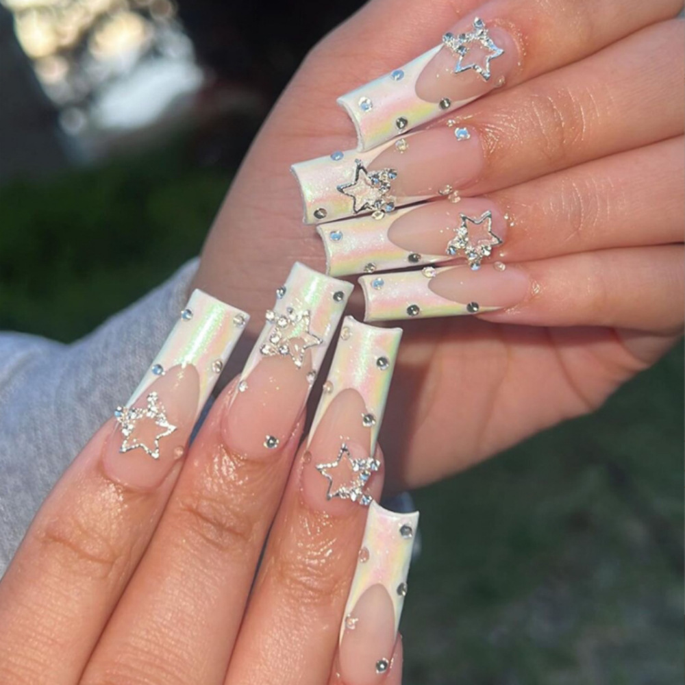 Europa y los Estados Unidos de venta larga uña blanca francesa estrellas perforación de uñas pegatinas de uñas comercio exterior dulce y cool usar uñas image 8