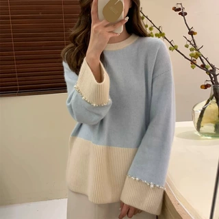 外贸韩系复古拼色毛衣女2025秋冬季气质设计感袖口钉珠重工针织衫
