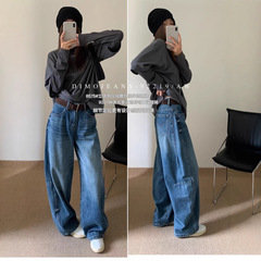 DIMO复古高腰阔腿牛仔裤女2025秋季美式时尚宽松垂感弯刀裤92219