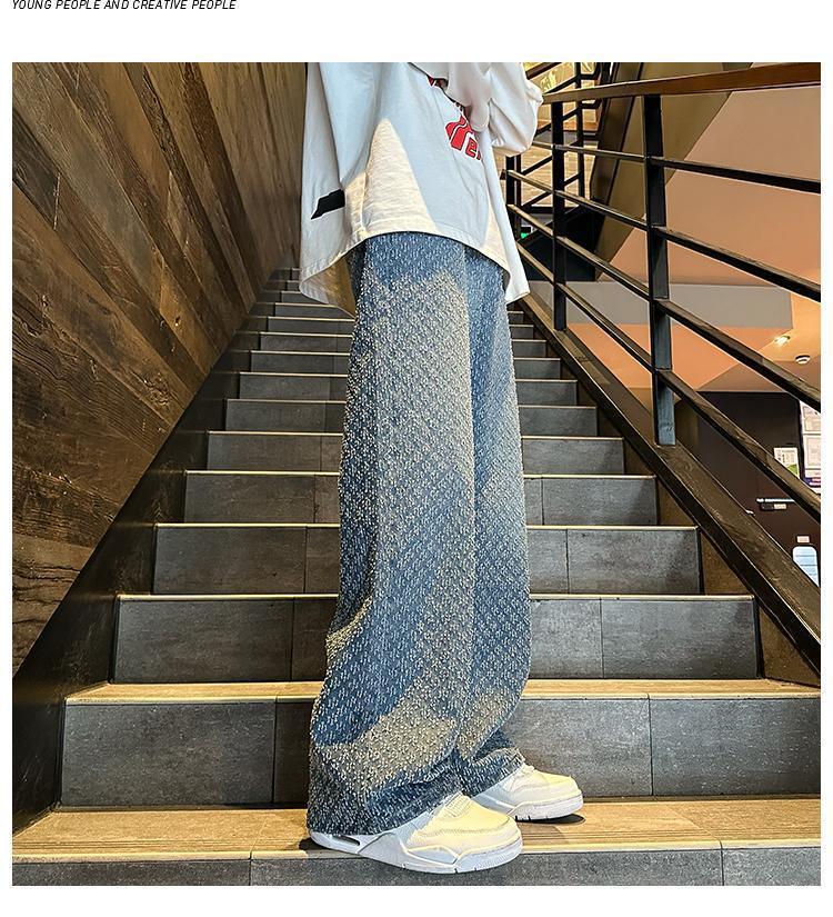 Wide-leg Pants Men's Jacquard Full Print Jeans Old High Street Straight Pants_mkmklike.com