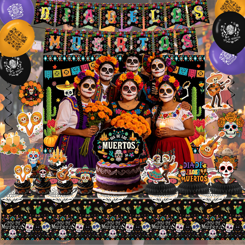 Amazon Mexican Day of the Dead Party Decoration Set: Background Cloth, Banner, Tablecloth, Paper Plates, Paper Cups, Tableware Decoration Set