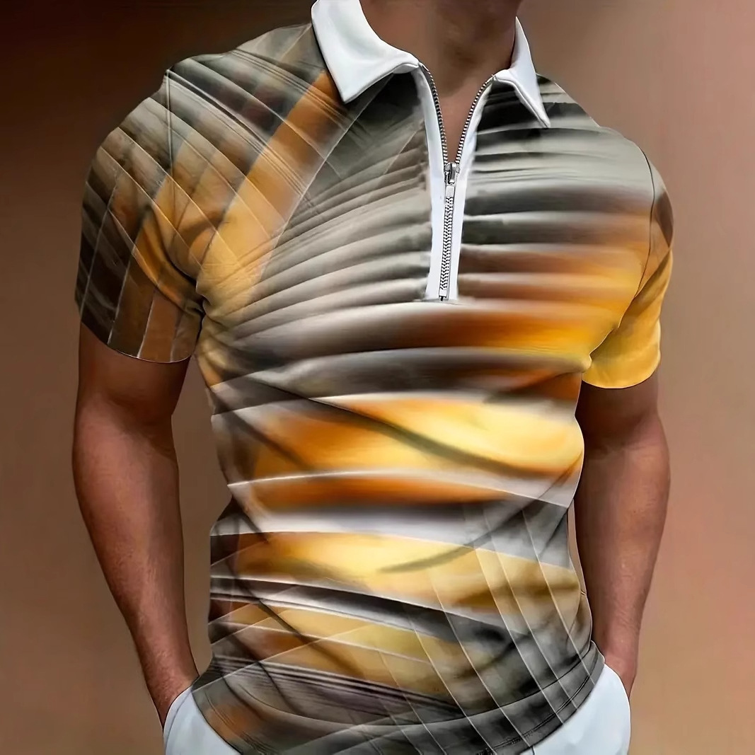 Camisa POLO con cremallera de manga corta transpirable de solapa suelta de todo fósforo de la calle de verano para hombres Venta caliente Impresión digital 3D
