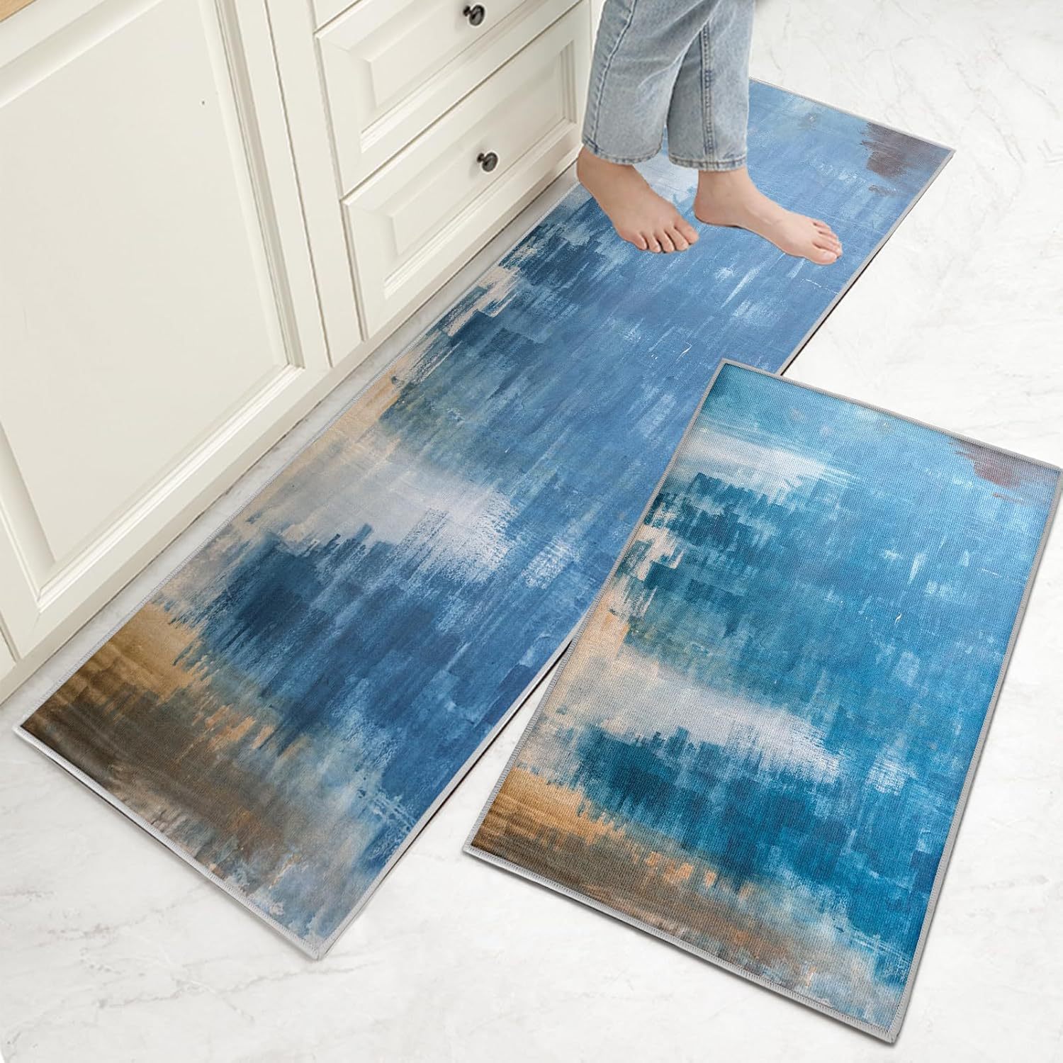 Factory direct sale simple line kitchen floor mat two-piece set American-style knife and fork long absorbent foot mat Amazon TEMU