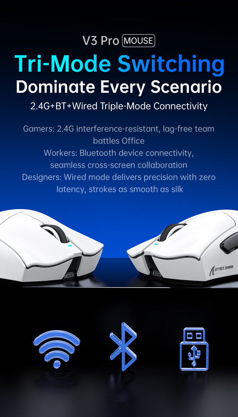 AttackShark V3PRO Mouse, Lightweight, Video Game, The Third Mock Examination, Wireless Bluetooth, RGB Seat, Rechargeable_voghion.com