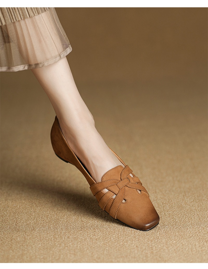 Giày ballet nữ mũi vuông da cừu đế bệt quai mảnh phong cách cổ điển — màu nâu chi tiết 10
