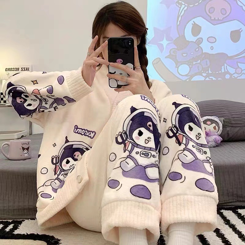 Pijamas de lana de coral mujeres otoño invierno mangas largas 2025 nuevo engrosado calentamiento cardigán de dibujos animados flanel dos piezas conjunto