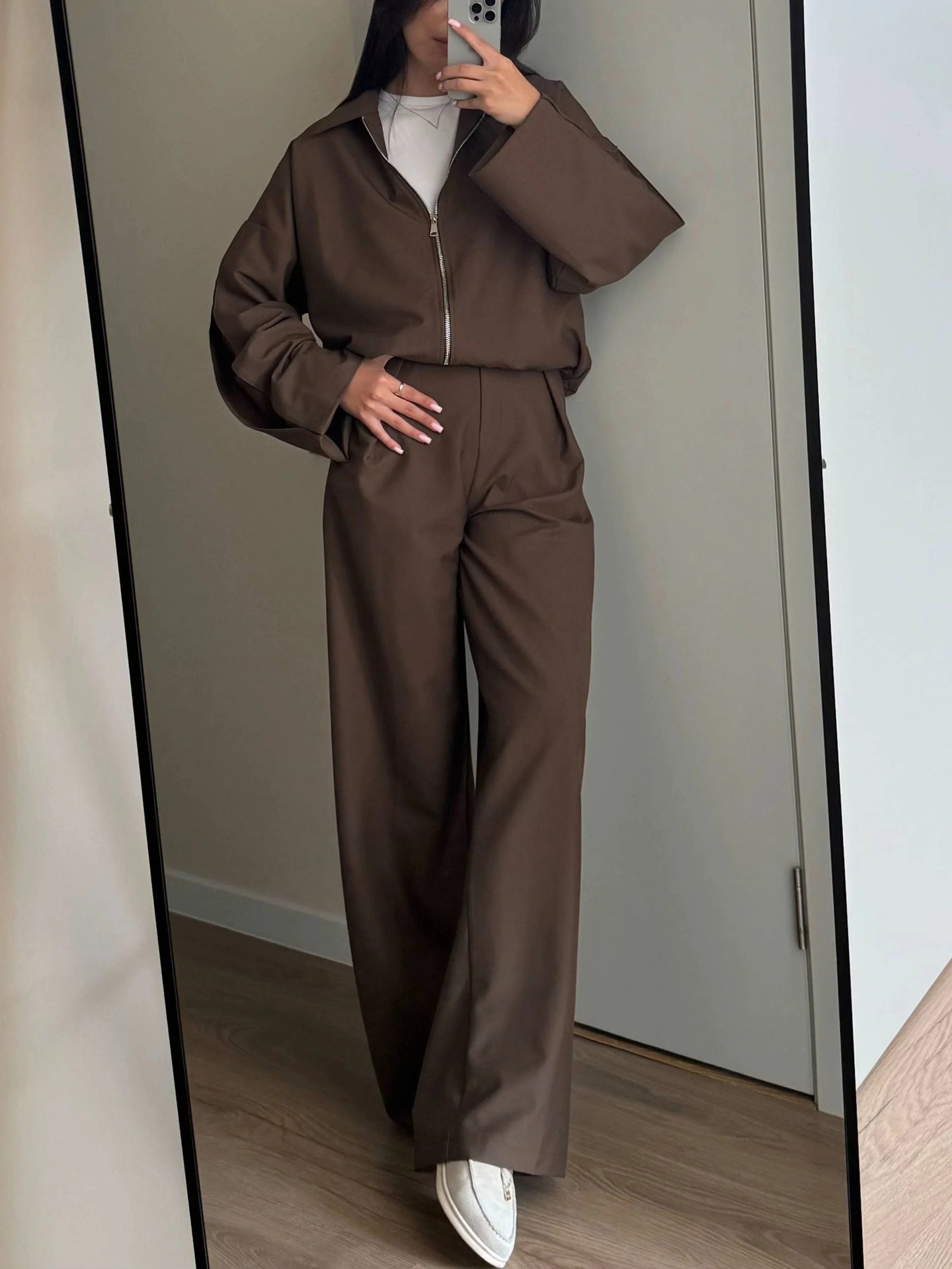 2025 European and American Clothing Amazon Independent Station Pure Color Long-Sleeved Cardigan Zipper Jacket + Rest Pants Two-Piece Set