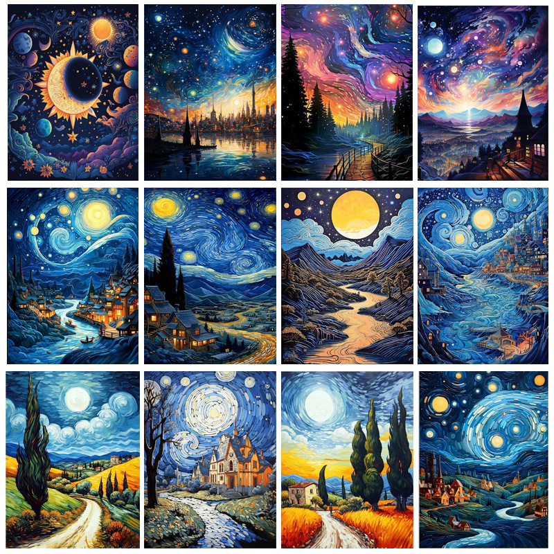 Pintura de diamante Van Gogh serie de estrellas hecha a mano DIY pintura decorativa redonda diamante completo sala de estar dormitorio pintura de paisaje con marco