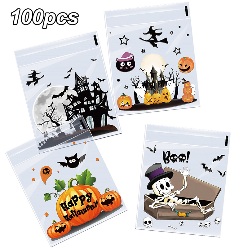 新款100个装万圣节南瓜骷髅人糖果自粘袋节日派对礼品饼干自封袋