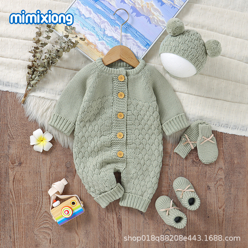 Ins Hot Selling Baby Knitted One-Piece Harem Spring & Fall Clothing for Men and Women Baby Harem + Hat and Shoes Set