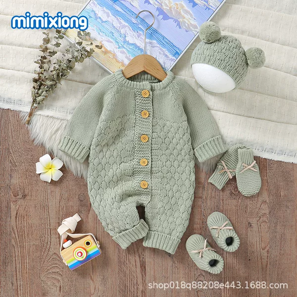 Ins Hot Selling Baby Knitted One-Piece Harem Spring & Fall Clothing for Men and Women Baby Harem + Hat and Shoes Set