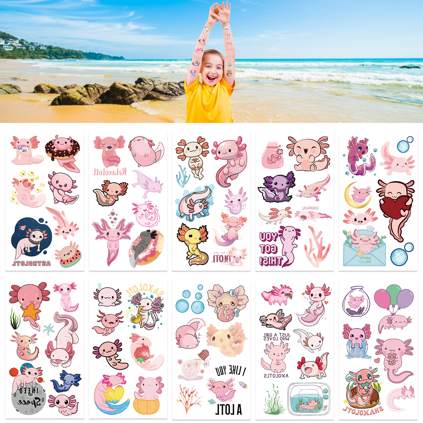 卡通动物娃娃鱼蝾螈纹身贴 跨境儿童粉色动物防水一次性临时贴纸