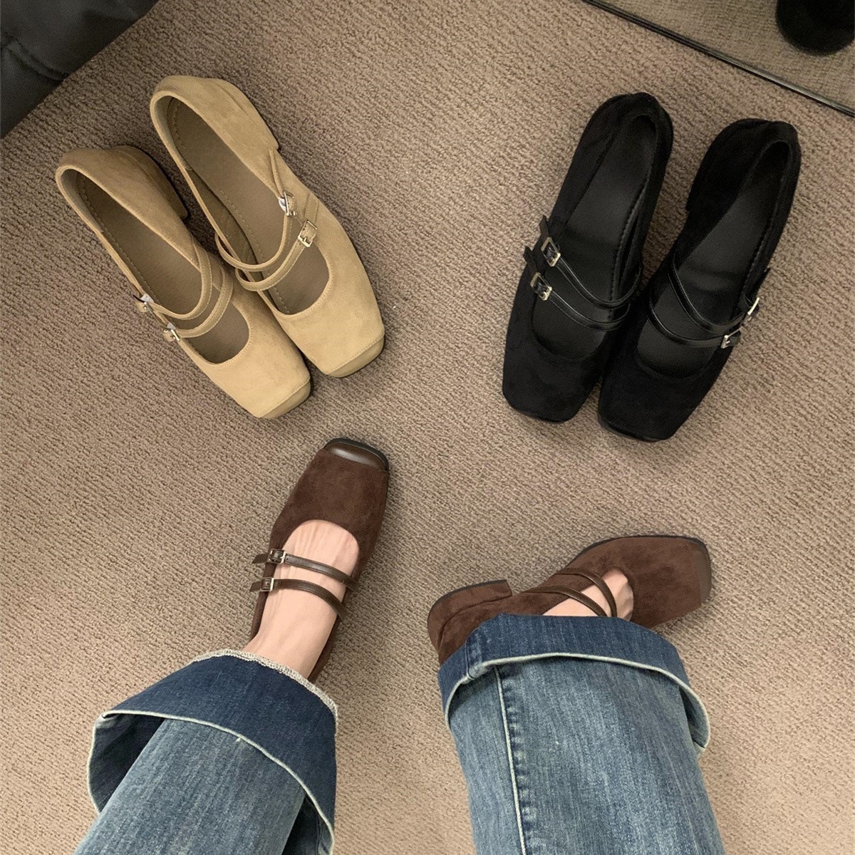Mary Jane shoes square toe low-cut, Korean style, 2024 years, suitable for spring and autumn, suitable with a skirt, wide stable heel