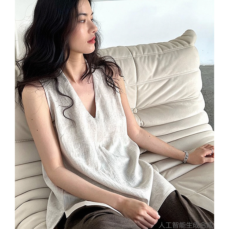 [100% Linen] High-End Big-Name V Neck Halterneck Vest for Women Summer Vacation Halter Top T-Shirt