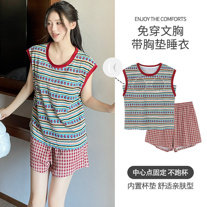 Summer Women's Pajamas with Built-In Breast Pads, Stripesd Vests, Waistcoats, Shorts, Large Size Summer Wearable Home Clothes Sets