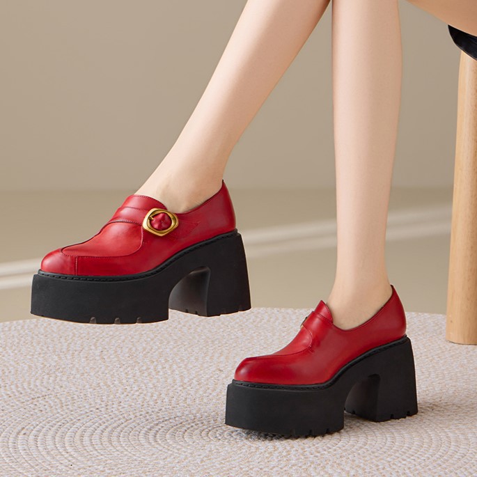 Giày loafer nữ da bò cao cấp gót vuông 10 cm, mũi nhọn khóa dây, đế dày — màu đen, màu đỏ