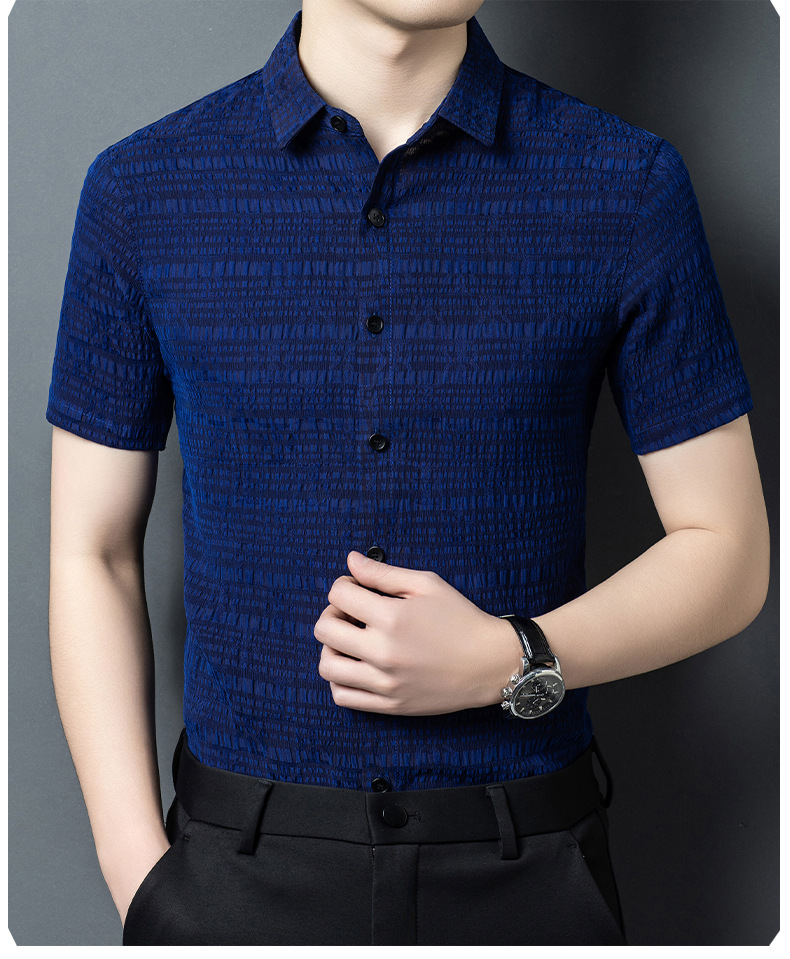 Áo sơ mi ngắn tay nam lụa tơ tằm 100% Mulberry Silk họa tiết jacquard Corinthian — Xanh da trời2635 chi tiết 11
