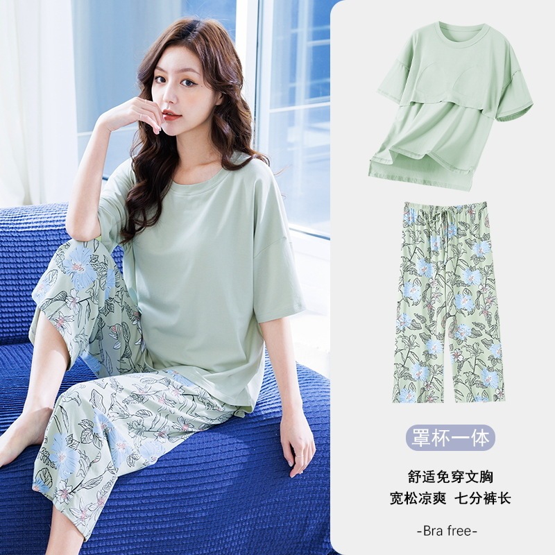 [5A antibacterial] summer women's pajamas suit cool modal thin breathable loose short sleeve cropped pants