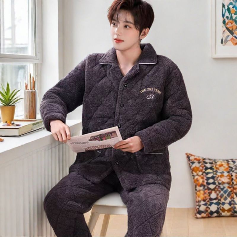 Men's Winter Pajamas, Three-Layer Quilted Thickeneded Large Size Loose Version, Extra Thick Grandpa, Middle-Aged and Elderly Home Warm Pajamas
