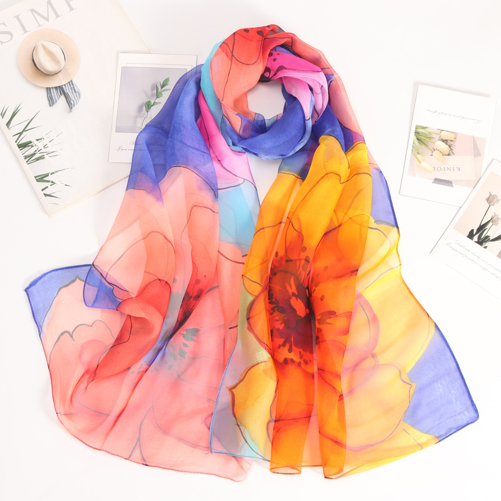 Georgette Material Color Block, Flower Pattern Summer Season Women's Elegant Simple Style Color Block Flower Georgette Printing Silk Scarf