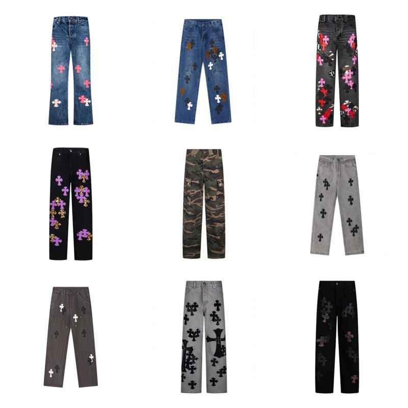Correct foreign trade version CH Chrome Hearts cross patch embroidered washed jeans, loose fit for couples, wholesale denim