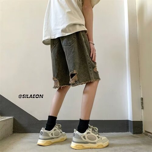 American retro ripped jeans shorts, men's summer thin style, loose niche design, quarter pants, high street fashion brand