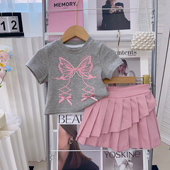 Korean version girls' summer set fashion outfit 2024 new bow girl baby short sleeve pleated skirt two-piece set wholesale