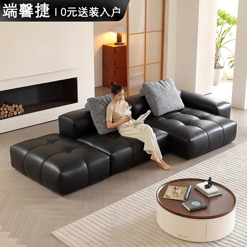 Sofá de píxeles minimalista italiano módulo de tofu diseño original de cuero completo villa sala de estar sofá de cuero en línea recta