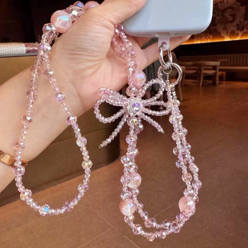 粉色超仙蝴蝶结串珠手机挂绳女轻奢甜美斜可背带手机挂链包包链条|undefined