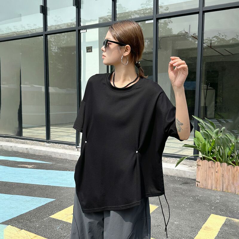 260601 Irregular Design Off-Shoulder Niche Short-Sleeve T-Shirt, Summer Simple Loose Versatile Top, Dark Style 260601 Irregular Design Off-Shoulder Niche Short-Sleeve T-Shirt, Summer Simple Loose Versatile Top, Dark Style