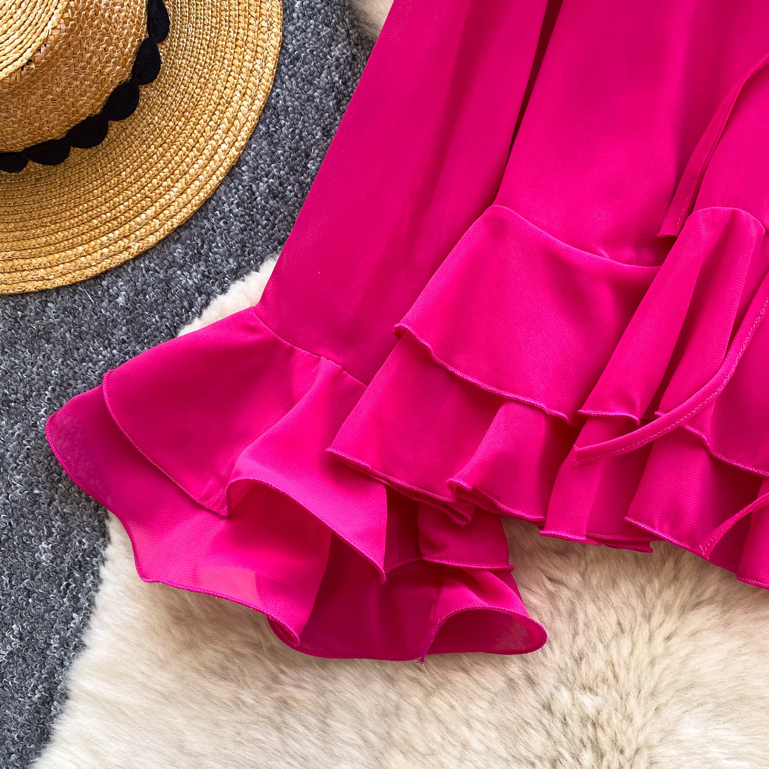 Women's Elegant Ruffled Blouse With Bell Sleeves And Tie Waist_voghion.com