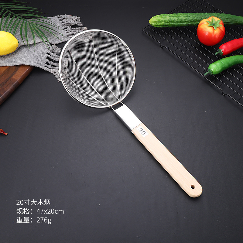 Mango de madera de acero inoxidable gran filtro de malla larga filtro de malla comercial de alimentos fritos tamizado olla caliente para pescar fideos cucharada grande