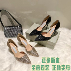 jc尖头亮片中空高跟鞋女2025新款法式闪亮中空时尚细跟凉鞋婚鞋