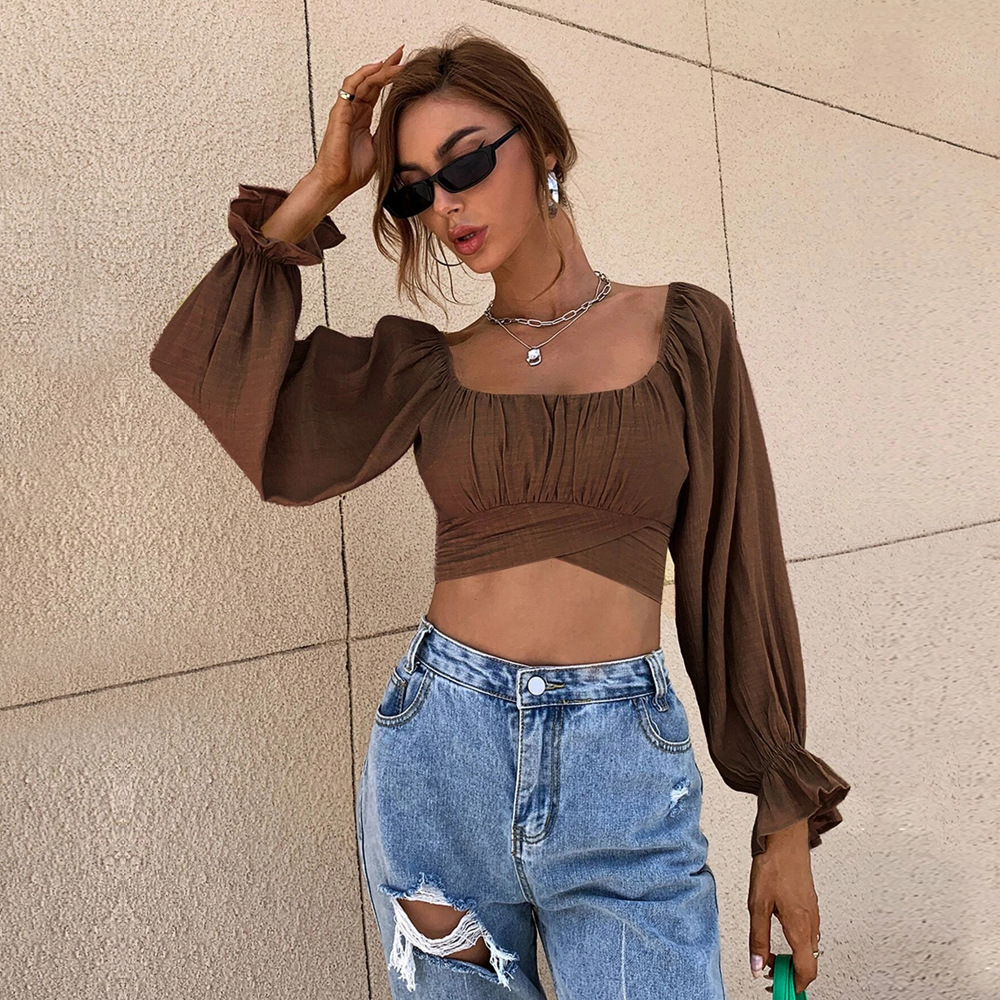 Straps Slim Square Collar Long-Sleeved Cropped Top NSYSQ111370