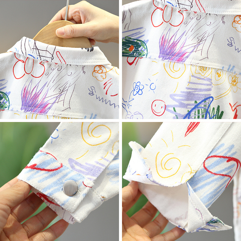 5867 Chaqueta de otoño para niños 2024 Chaqueta de mezclilla de graffiti de celebridades de Internet para niños Primavera y otoño Moda Fried Street