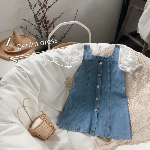 Women's Cowboy Dress 2024 Summer New Arrival Baby Girl Korean Style Bubbling Sleeve Splicing Princess Dress Wholesale