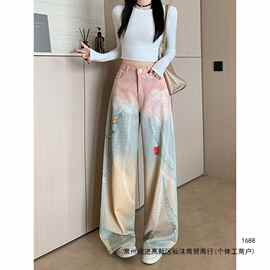 美式高街多巴胺印花牛仔裤女甜美水洗休闲高腰宽松显瘦直筒阔腿裤