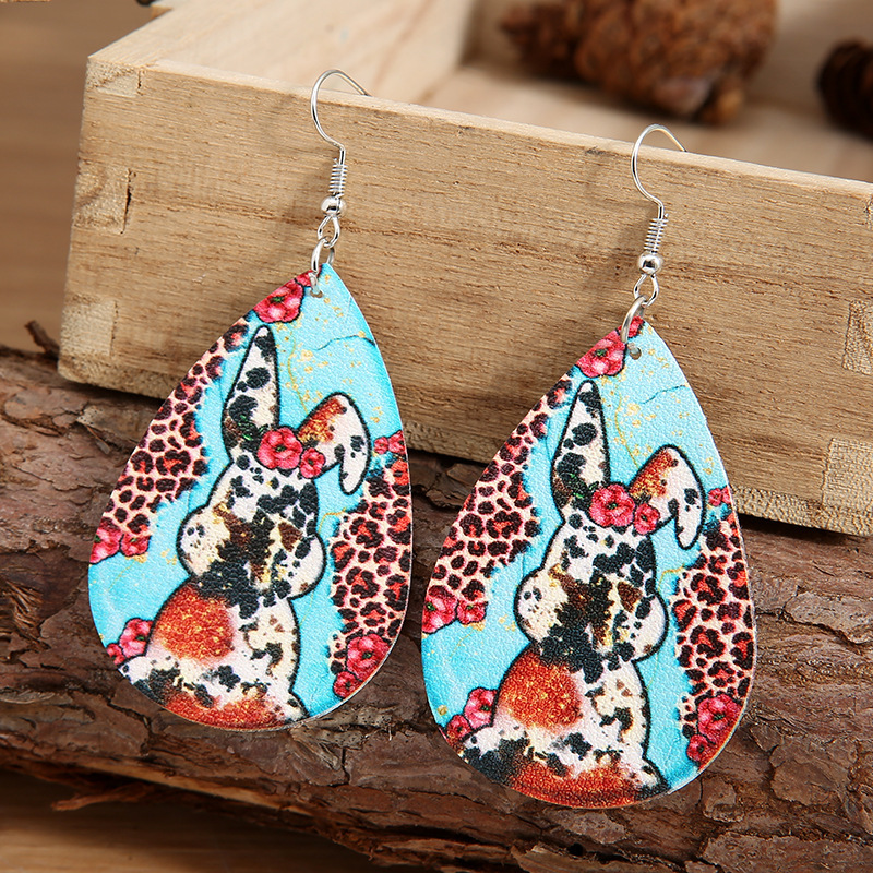 Exaggerated Rabbit Leopard Print Mixed Color Pu Leather Earrings display picture 2