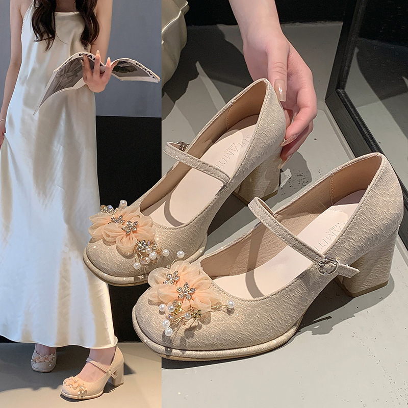 苏拉米提小众设计高级感珍珠花朵高跟单鞋2024新款时尚甜美风女鞋