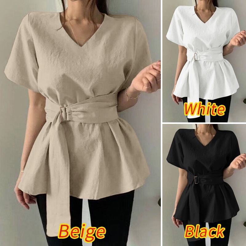 速卖通ebay2021新款宽松棉麻v领短袖拼接扣腰带衬衫女装