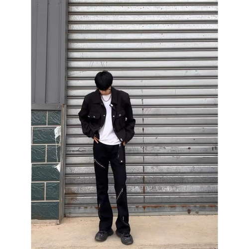Dark micro-trumpet black jeans, multi-zipper design, men and women's loose pants, American high street vibe style