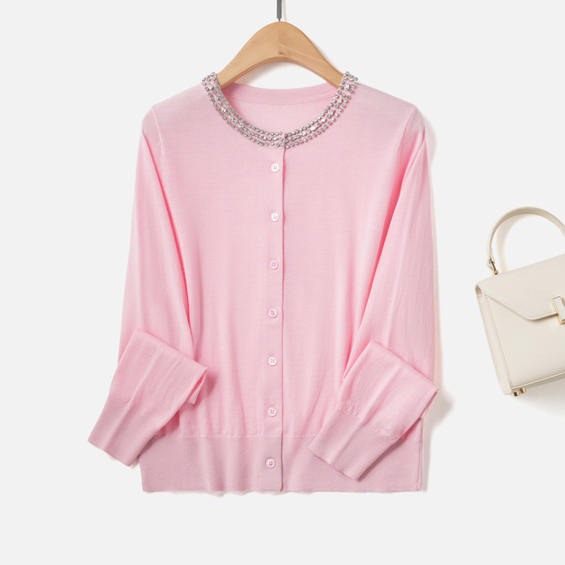 Bc Same Style Accessible Luxury Pure Wool Heavy Hand-Studded Round Neck Knitwear Knitwear Autumn and Winter New Women's Cardigan Jacket