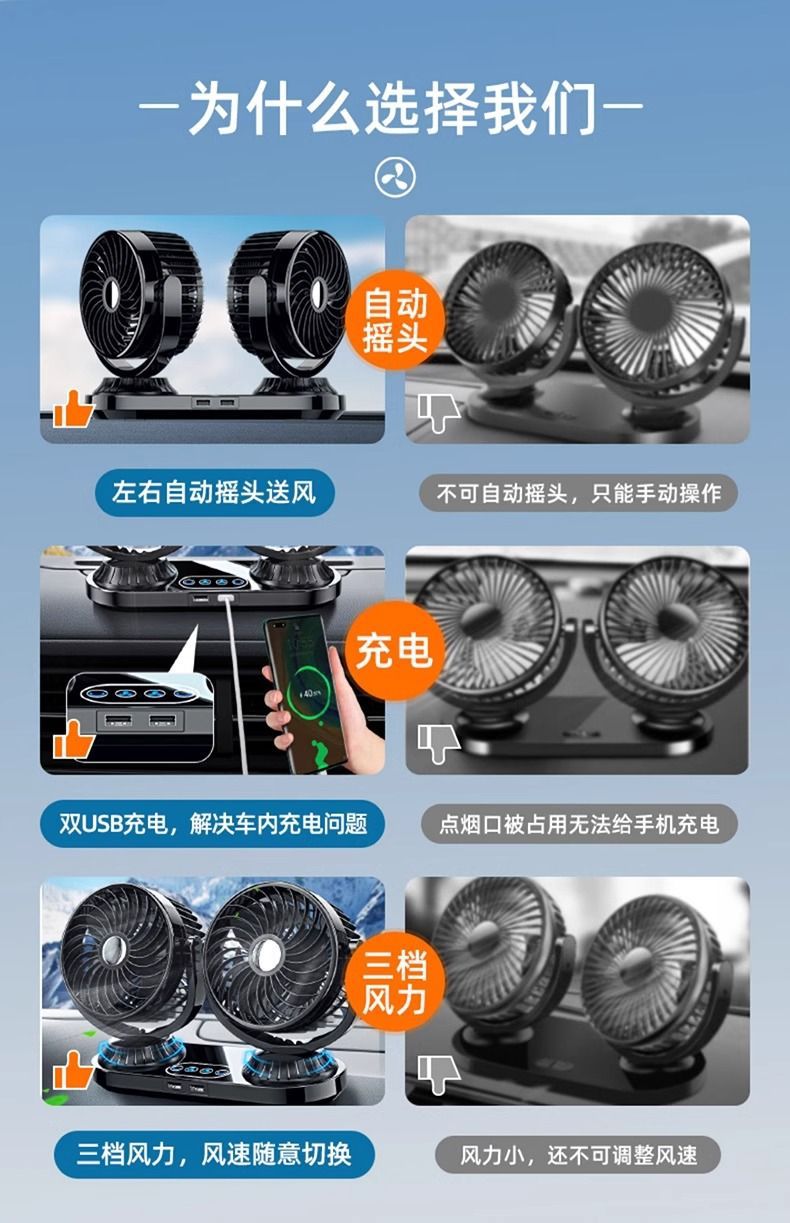 Car fan 12v large truck 24v small bread automatic shaking head double head powerful car fan usb