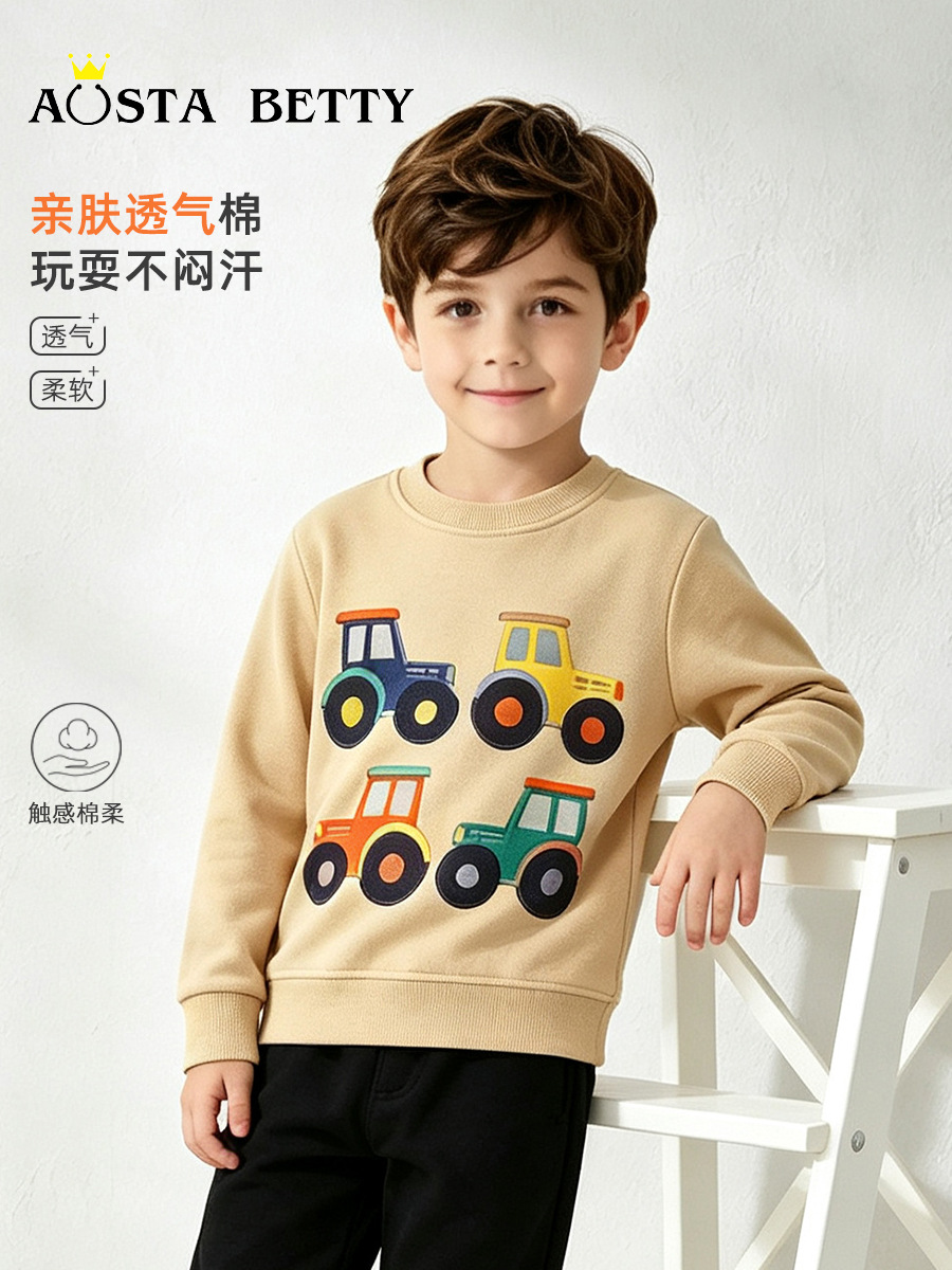 26 nuevos productos de otoño, sudaderas para niños, sudaderas de estilo europeo y americano con bordado de dibujos animados, sudaderas para niños de algodón tejido con cuello redondo.
