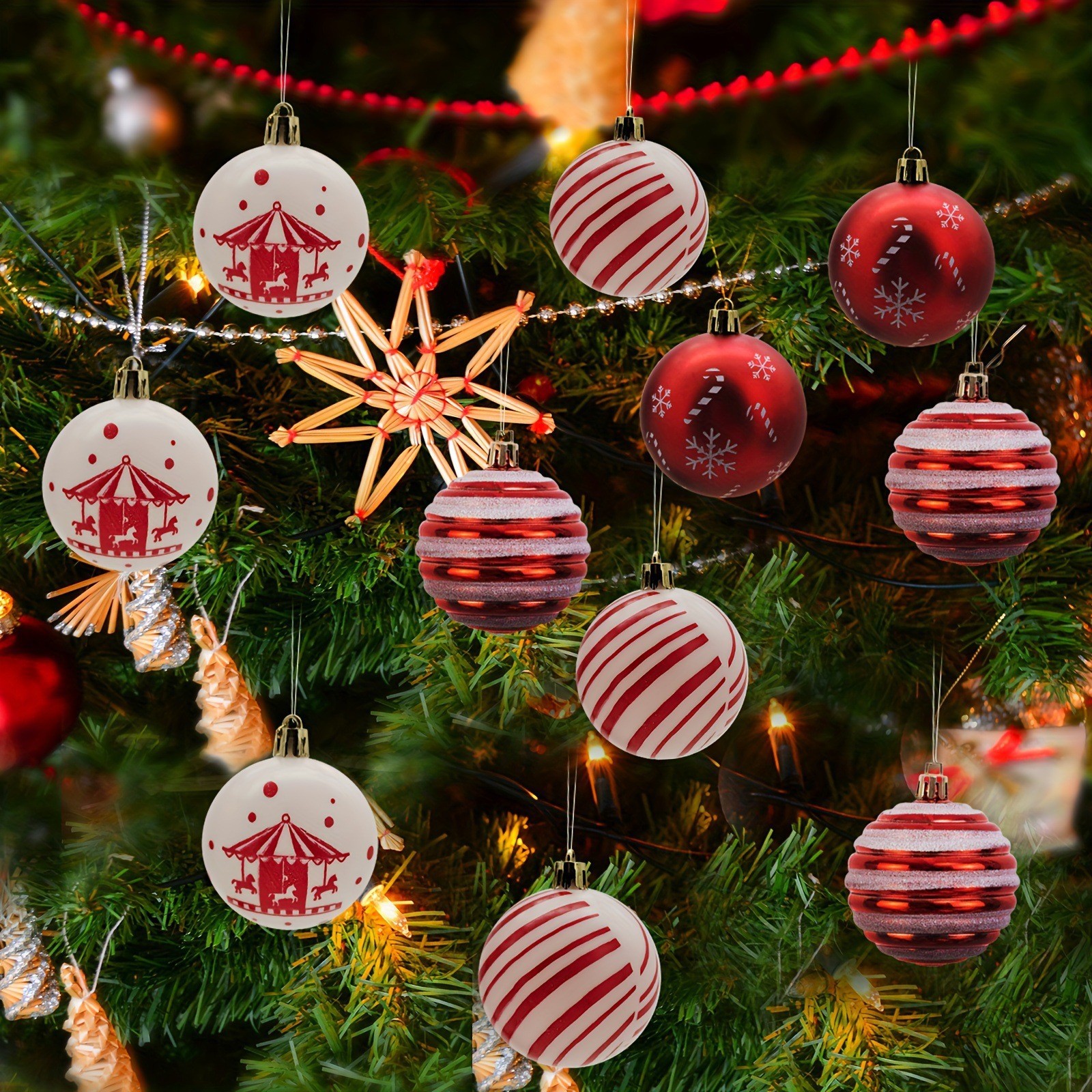 Nueva bola pintada de Navidad 6cm set 24 rojo y blanco serie de ventanas de árbol de Navidad colgante de decoración de boda