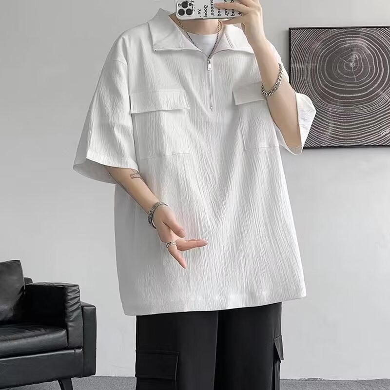 Verano con cuello plegable de verano medio cremallera camisa de manga corta hombre suelta camisa de color sólido de alto nivel polo camiseta