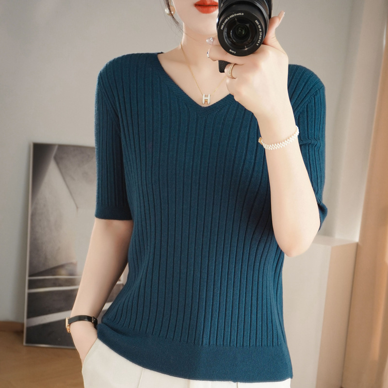 2024 Summer Cross-Border Women's Knitted Short-Sleeved Korean Style V Neck Pure Color Pullover T-Shirt Pit Strip Top Dropshipping