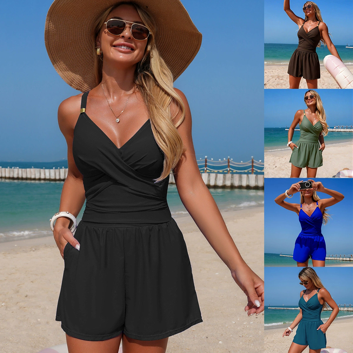 2026新款泳衣女连体平角保守防走光泳装加兜泳裤欧美跨境运动批发