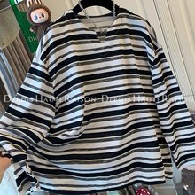 特大码300斤秋装新款时尚条纹V领长袖T恤女打底衫宽松显瘦上衣潮