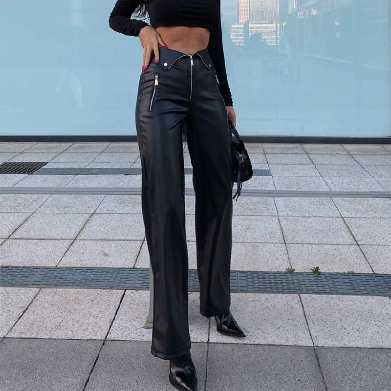 Ретро-черные цветные кожзамет trousers с молнией, американский стиль, высокий пояс, свободный прямой силуэт